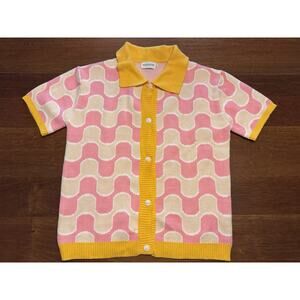 Large OXKNITSTORE Womens Retro Geometric Knit Cardigan Pink Yellow Short Sleeve